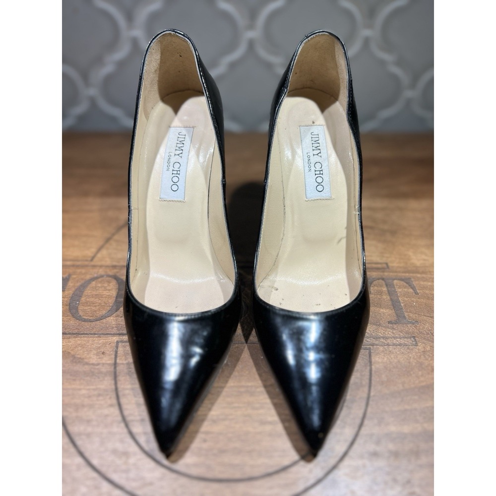 Jimmy Choo London Heels Made In Italy Size 37 Euro 6.5 US Patent Black Leather‎